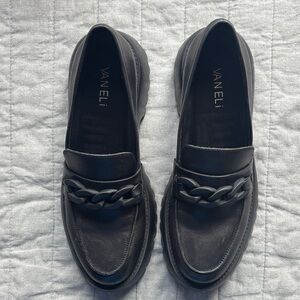 Vaneli Black Leather Chain-Detail Slip-On Loafers